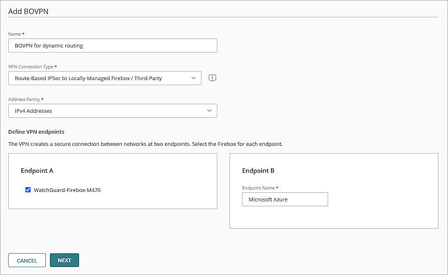 Screenshot of define VPN endpoints.
